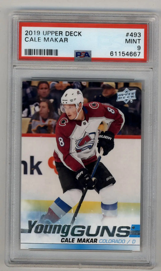PSA-graded Cale Makar 2019-20 Upper Deck Young Gun Rookie Card featuring Avalanche colors