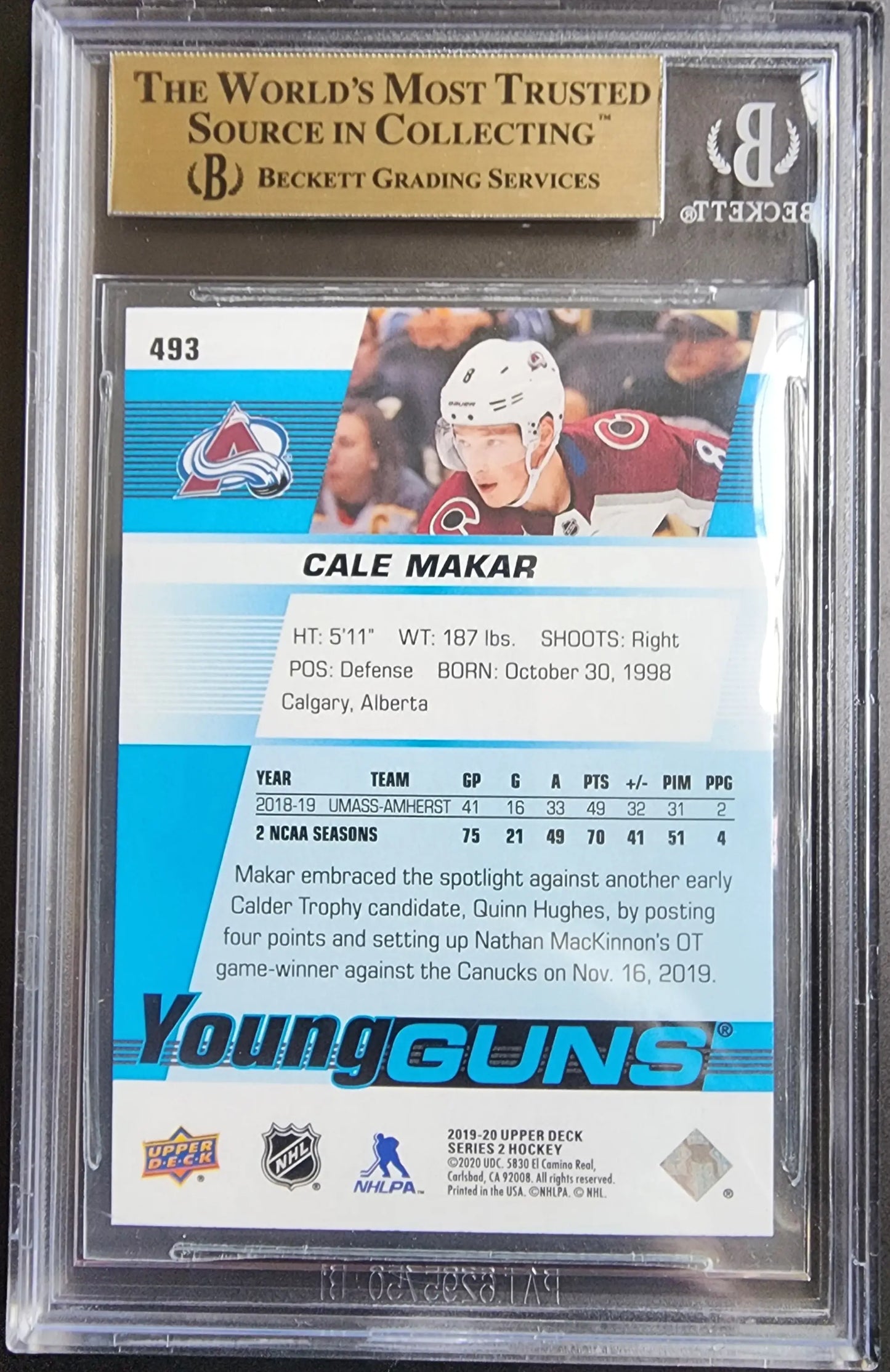 BGS-graded Cale Makar 2019 Upper Deck #493 Gem Mint hockey card from Young Guns series