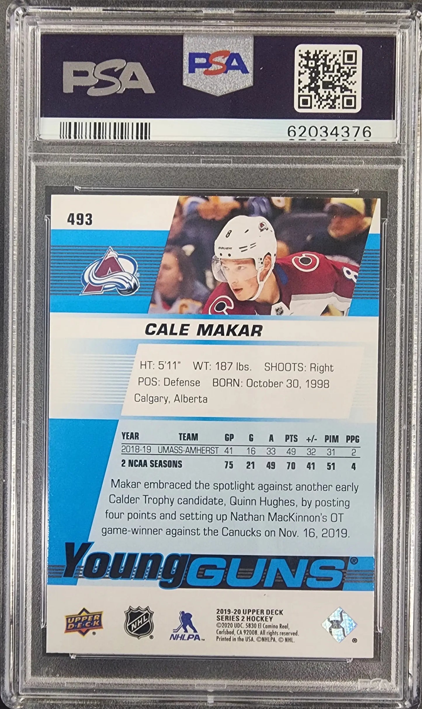Cale Makar 2019 Upper Deck #493 PSA 10 Gem Mint hockey card from Young Guns series