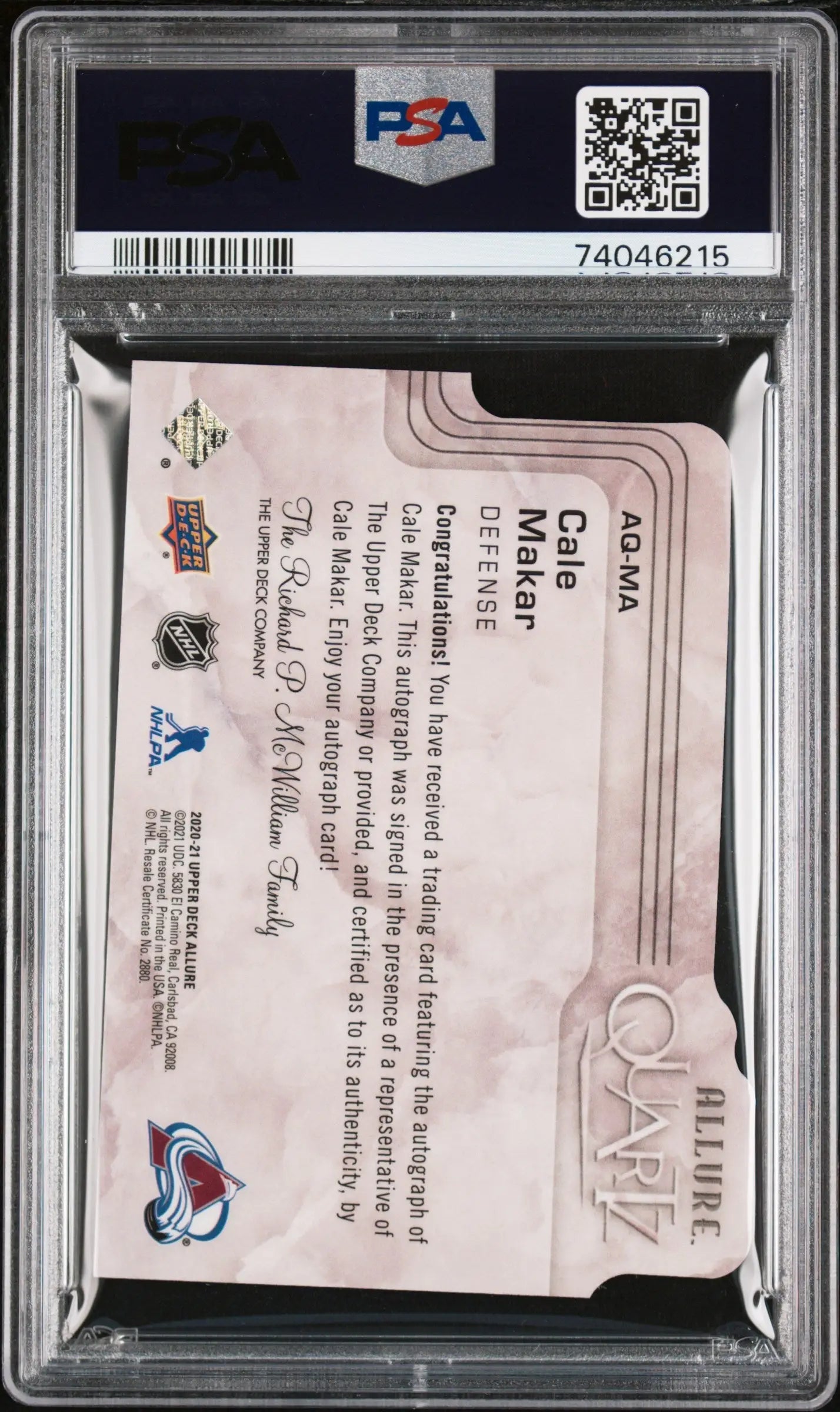 Cale Makar 2020 Upper Deck Allure Quartz Auto PSA 10 graded card in protective case