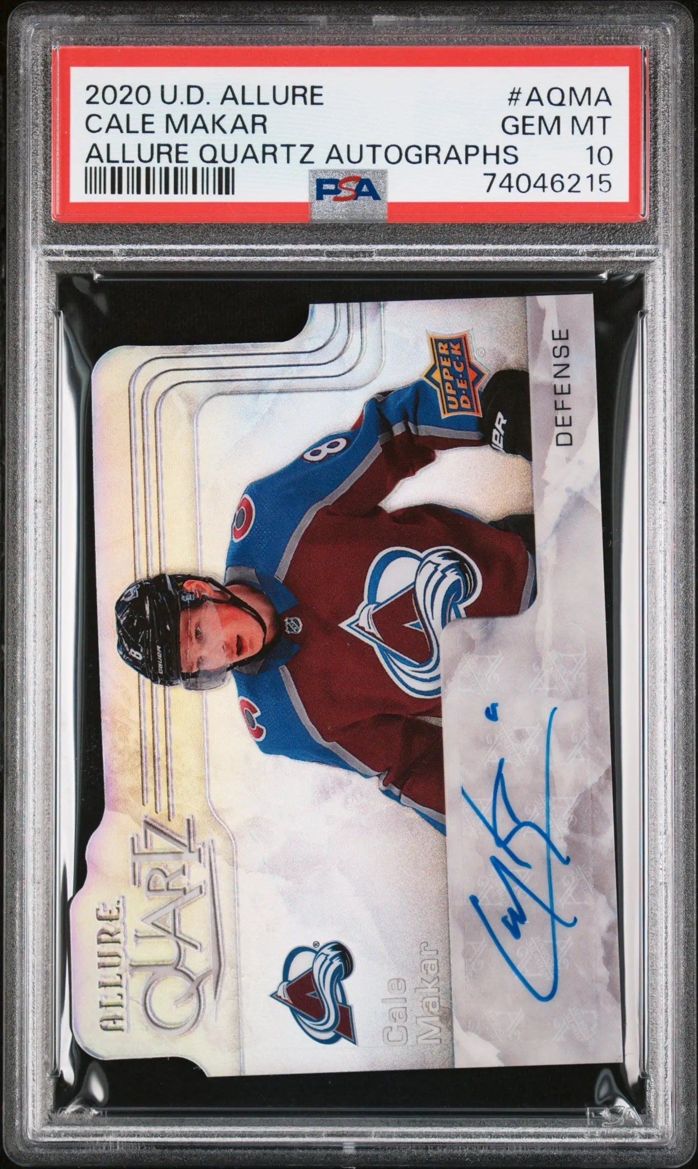 PSA 10 Gem Mint Cale Makar 2020 Upper Deck Allure Quartz Auto hockey card