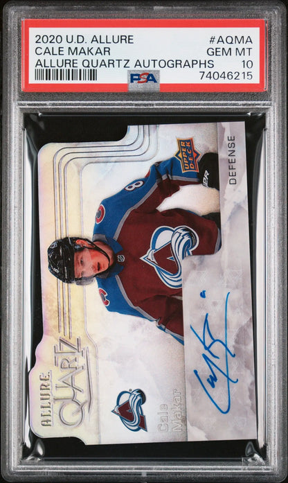 PSA 10 Gem Mint Cale Makar 2020 Upper Deck Allure Quartz Auto hockey card