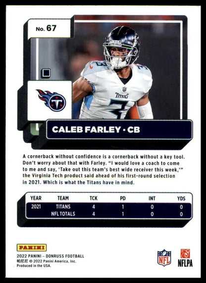 Caleb Farley football card from 2022 Donruss Tennessee Titans product