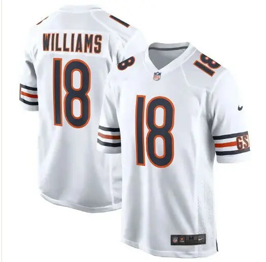 White NFL jersey with number 18 and WILLIAMS on back, Caleb Williams Chicago Bears 2024 jersey