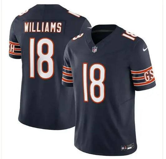 Navy blue Caleb Williams Chicago Bears Nike Vapor F.U.S.E. limited football jersey with number 18 and WILLIAMS on the back