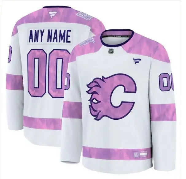 White Calgary Flames hockey jersey with pink camouflage accents for Hockey Fights Cancer