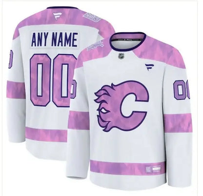 White Calgary Flames hockey jersey with pink camouflage accents for Hockey Fights Cancer