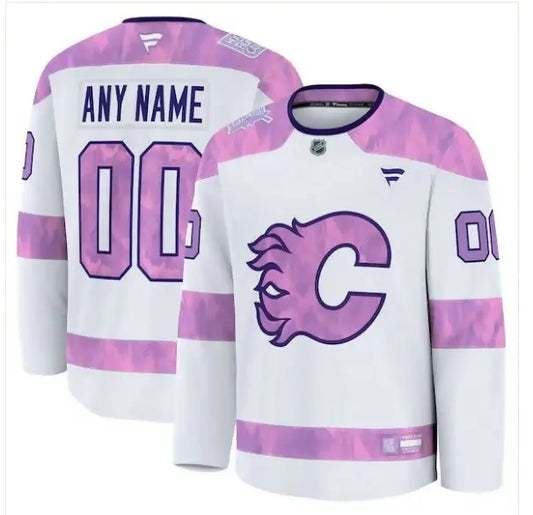 White Calgary Flames hockey jersey with pink camouflage accents for Hockey Fights Cancer