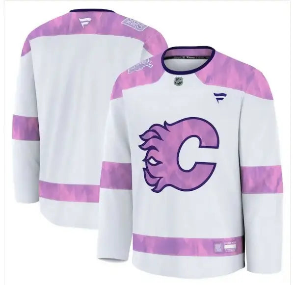 White Calgary Flames hockey jersey with pink accents from the 2024 Hockey Fights Cancer Practice Jersey