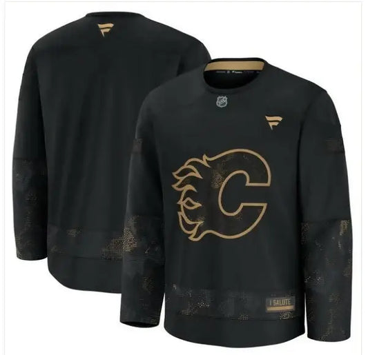 Black Calgary Flames hockey jersey for Military Appreciation Practice 2024 display