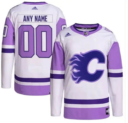 White and purple Calgary Flames adidas Hockey Fights Cancer Primegreen authentic jersey