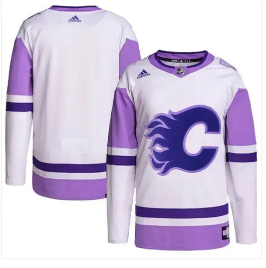 White and lavender Calgary Flames adidas Hockey Fights Cancer jersey displayed on the product page