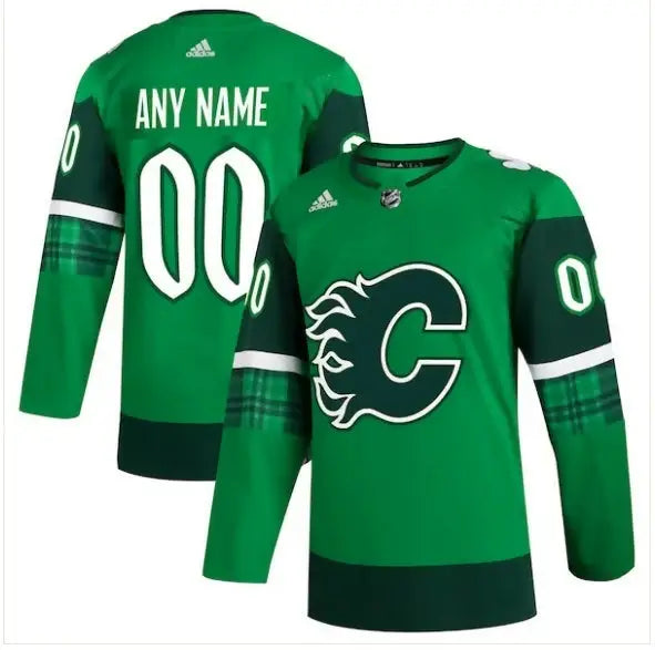 Green Calgary Flames hockey jersey featuring St. Patrick’s Day design and adidas branding