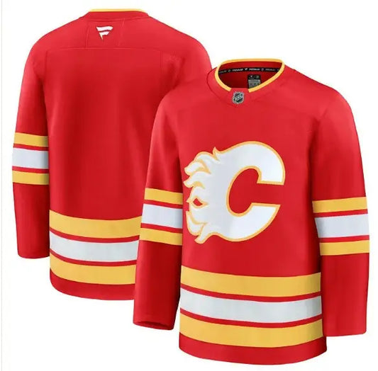 Red Calgary Flames hockey jersey displayed in the Calgary Flames Away Premium Jersey - Red product