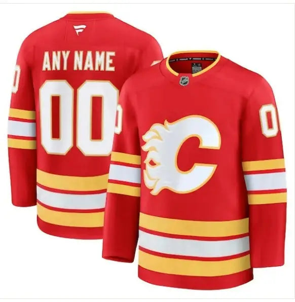 Red Calgary Flames hockey jersey displayed in Calgary Flames Home Premium Custom Jersey - Red