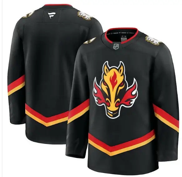 Black Calgary Flames hockey jersey with horse logo for home game fan apparel
