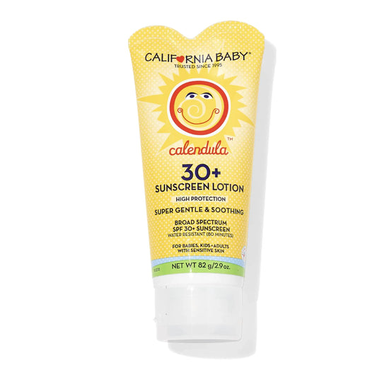 Yellow tube of California Baby physical sunscreen with broad spectrum SPF 30+ for babies