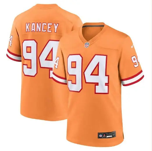Two orange Calijah Kancey Tampa Bay Buccaneers Nike Game Jerseys displayed side by side