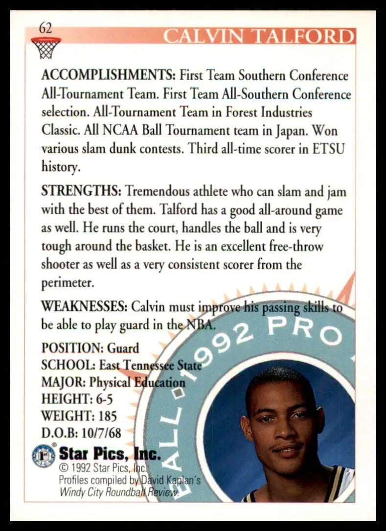 Calvin Talford 1992 Star Pics basketball card featuring East Tennessee State Buccaneers