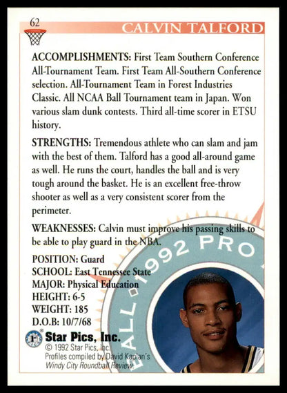 Calvin Talford 1992 Star Pics basketball card featuring East Tennessee State Buccaneers