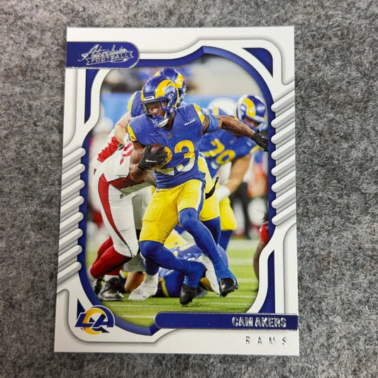 Sports trading card of Cam Akers in blue and yellow Los Angeles Rams uniform