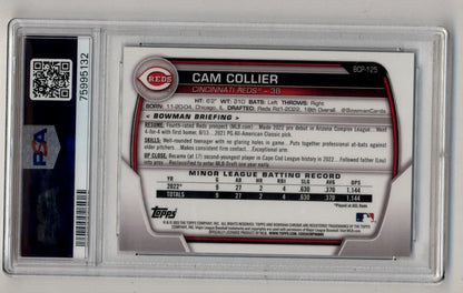 A graded Cam Collier 2023 Bowman Chrome Prospects Aqua Crater Refractor card in PSA 10