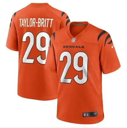 Orange NFL Cincinnati Bengals Cam Taylor-Britt #29 football jersey displayed