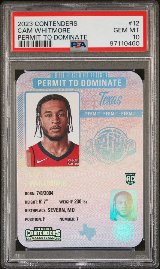 Graded 2023 Panini Contenders Cam Whitmore Permit to Dominate basketball trading card in PSA 10