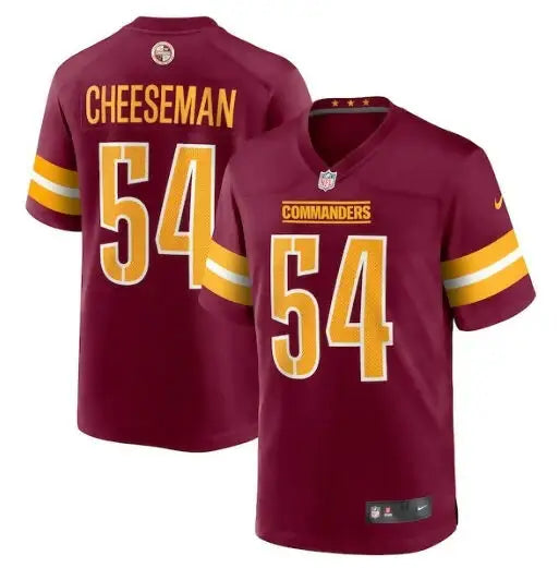 Two maroon Washington Commanders Nike Game Jerseys with gold and white stripes and number 54