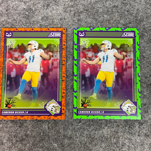 Halloween-themed American football trading cards featuring Cameron Dicker Los Angeles Chargers 2024 Panini card