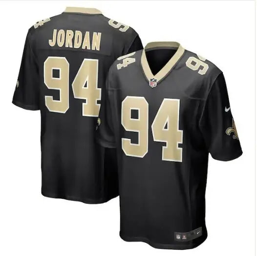 Black and gold New Orleans Saints Nike Game Jersey featuring number 94 for Cameron Jordan