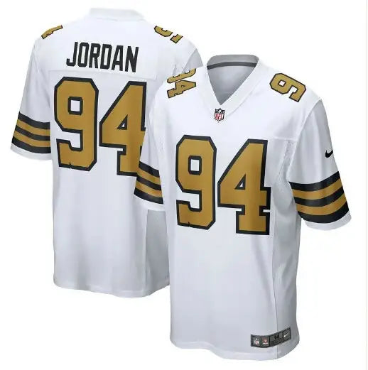 White and gold New Orleans Saints Nike game jersey with number 94, perfect for fans