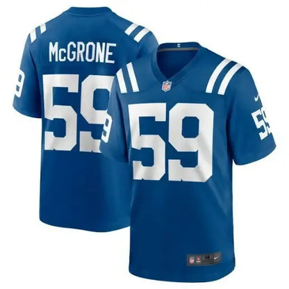 Two blue Indianapolis Colts Nike football jerseys with white numbers and McGrone on back