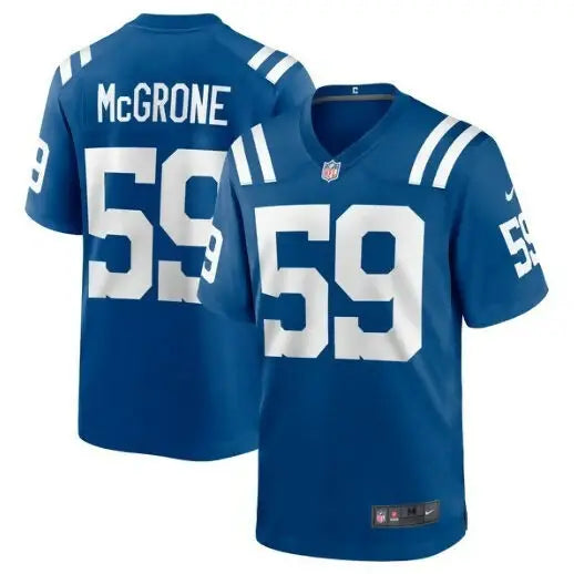 Two blue Indianapolis Colts Nike football jerseys with white numbers and McGrone on back