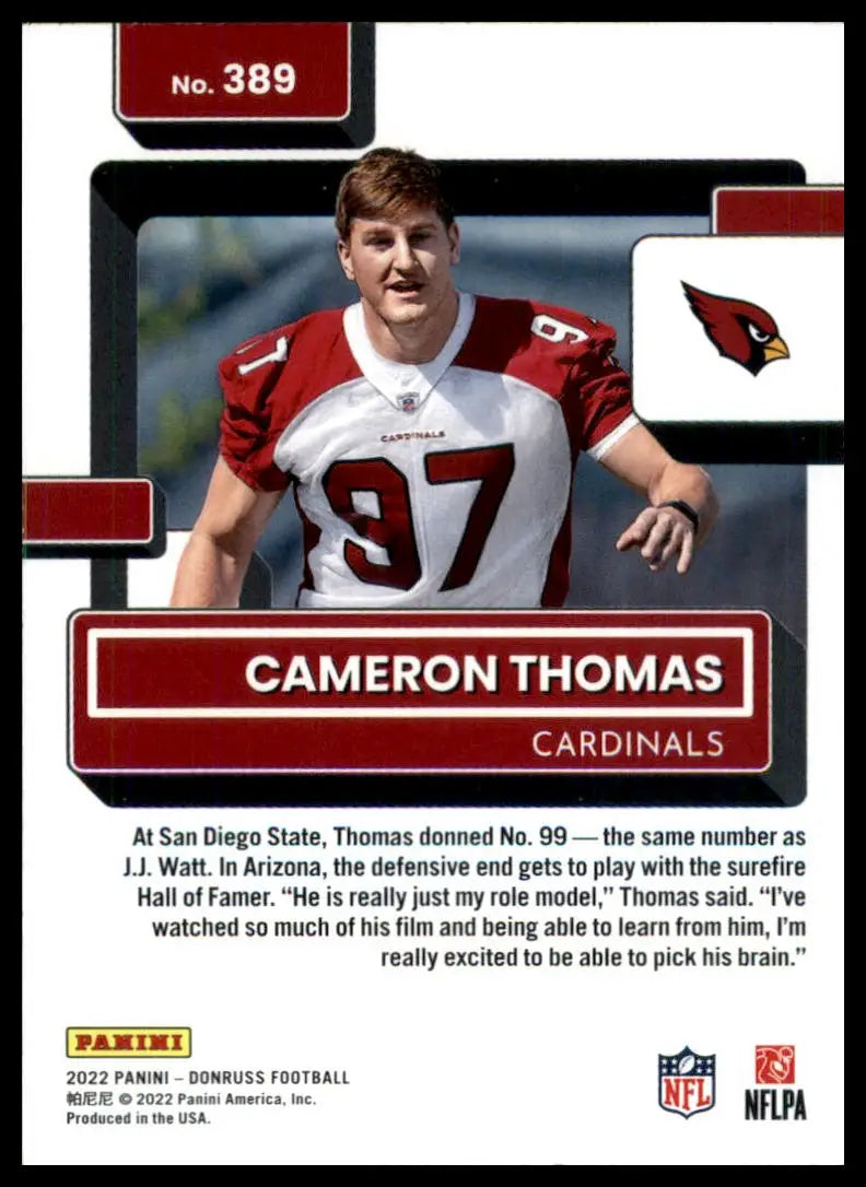 Cameron Thomas football card from 2022 Donruss Rookie series featuring Arizona Cardinals