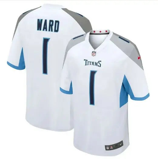 White Tennessee Titans football jersey with WARD and number 1 for Cameron Ward 2025 NFL Draft