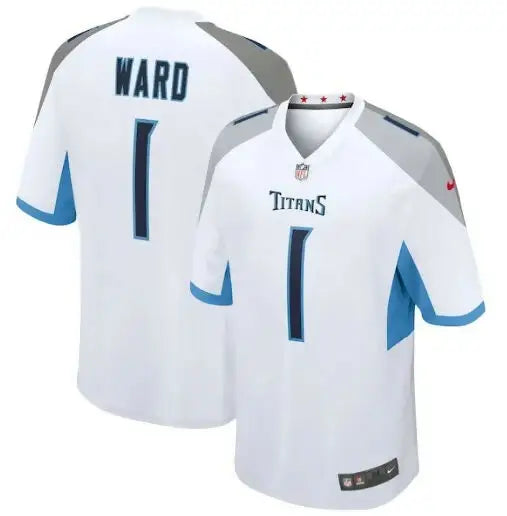 White and light blue Tennessee Titans football jersey with WARD and 1 on the back