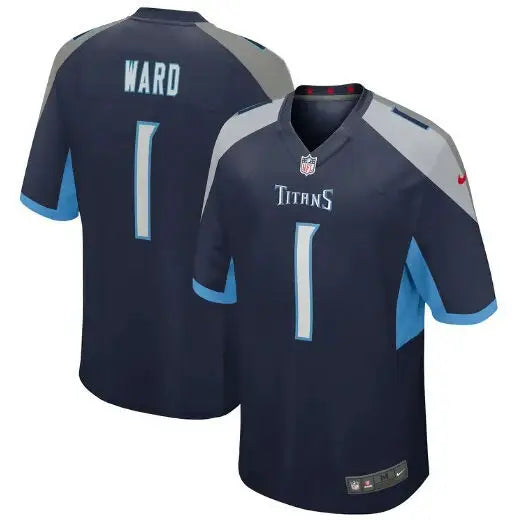 Navy blue Tennessee Titans Cameron Ward NFL Draft First Round Game Jersey with light blue accents