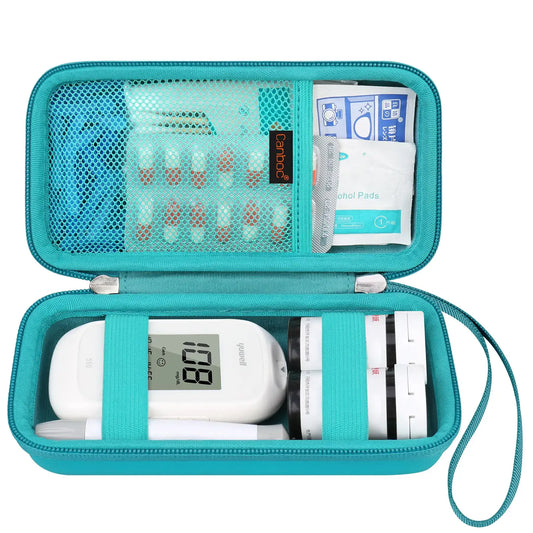 Teal diabetic supplies case for blood glucose meters and diabetes care accessories
