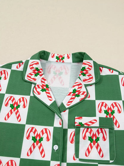 Candy Cane Checkered Pattern 2pcs Pajama Set