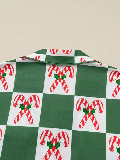 Candy Cane Checkered Pattern 2pcs Pajama Set