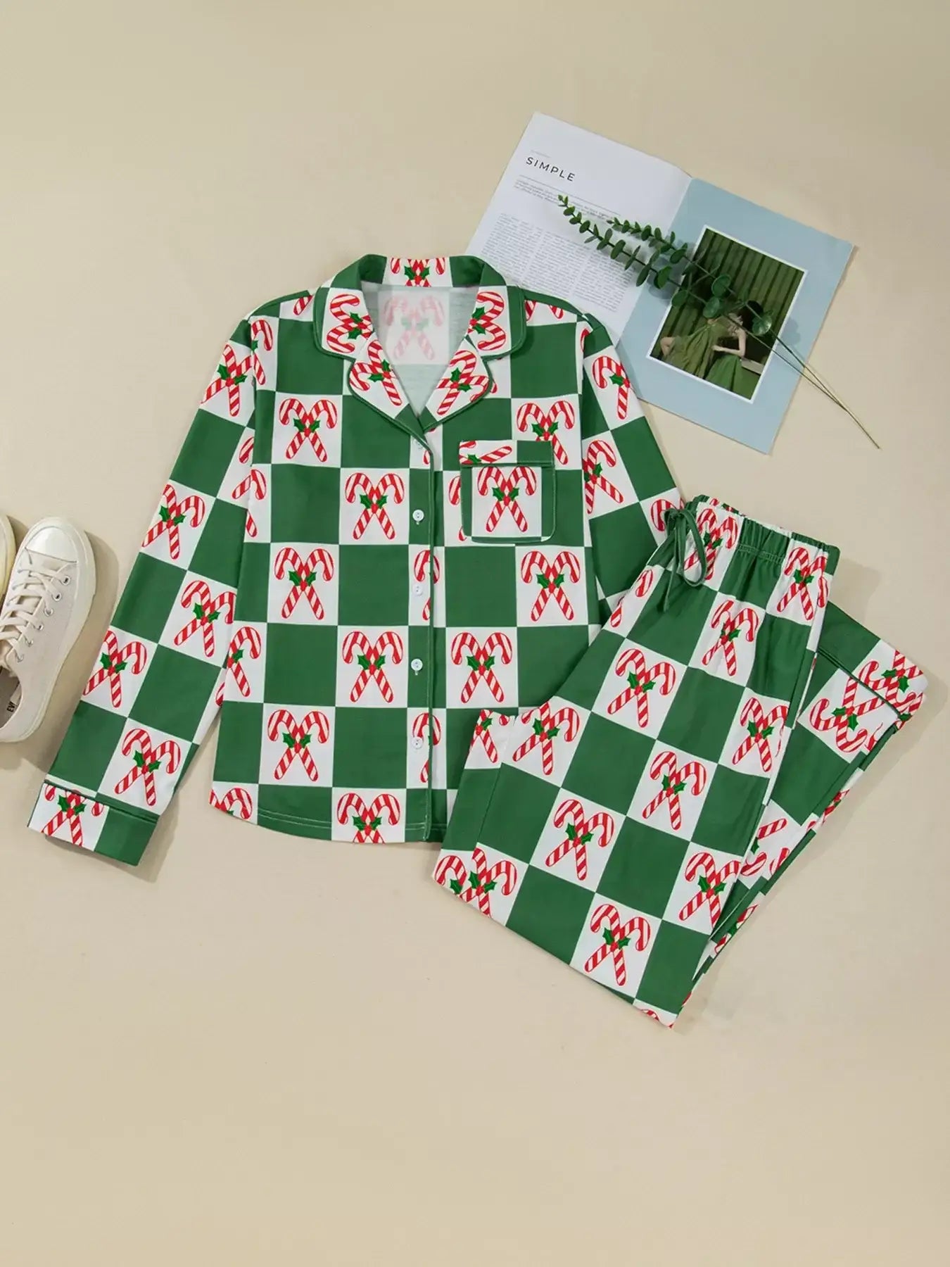 Candy Cane Checkered Pattern 2pcs Pajama Set