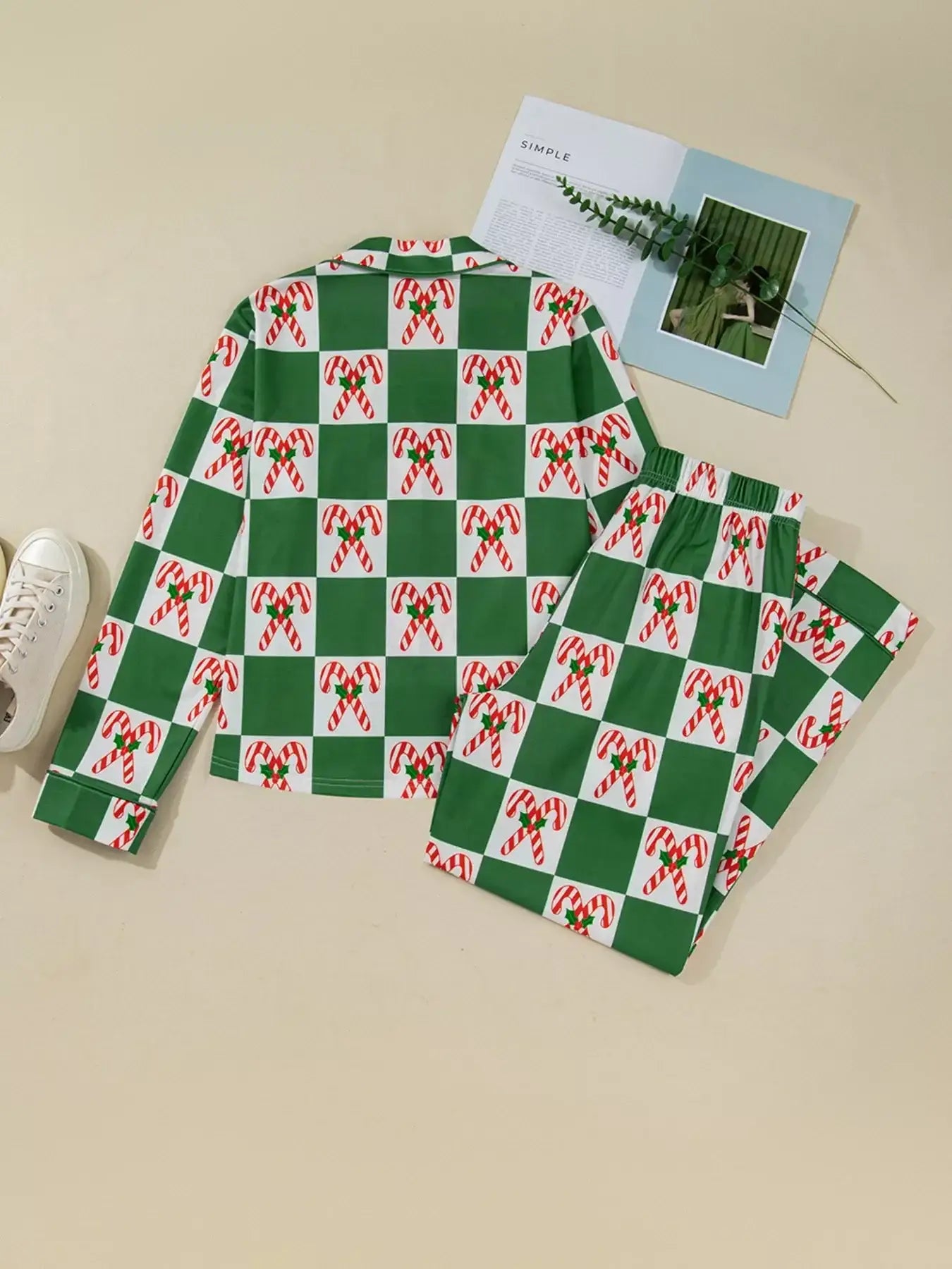Candy Cane Checkered Pattern 2pcs Pajama Set