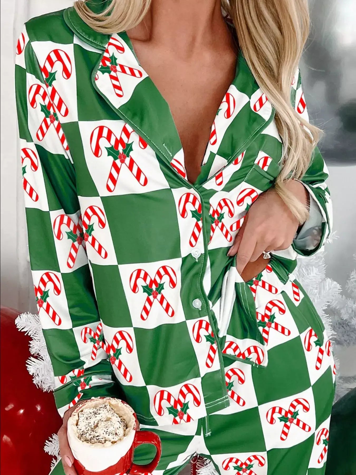 Candy Cane Checkered Pattern 2pcs Pajama Set - Green / S