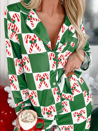 Candy Cane Checkered Pattern 2pcs Pajama Set - Green / S