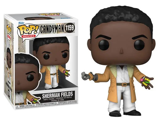 Funko Pop of Sherman Fields from Candyman movie in tan coat and white outfit