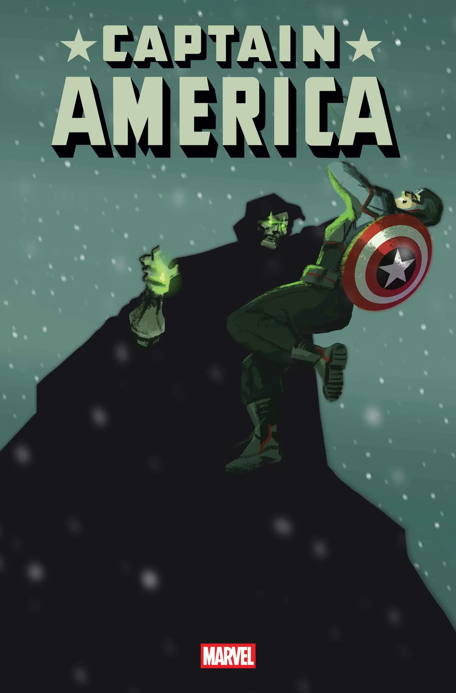 Captain America comic book cover featuring Captain America battling a shadowy figure in snow
