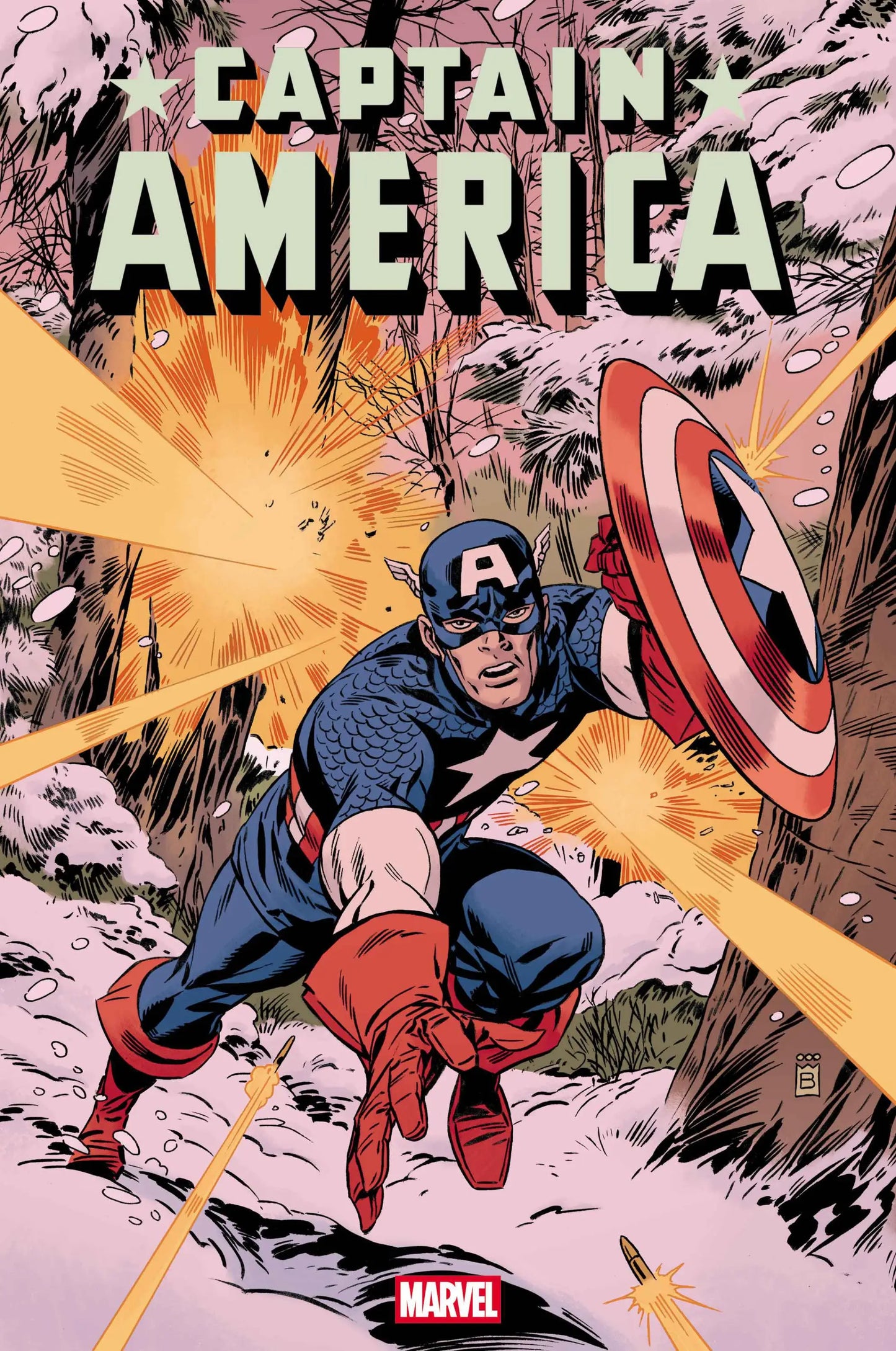 Captain America in a snowy forest under fire from the Mark Buckingham Variant by Mark Buckingham
