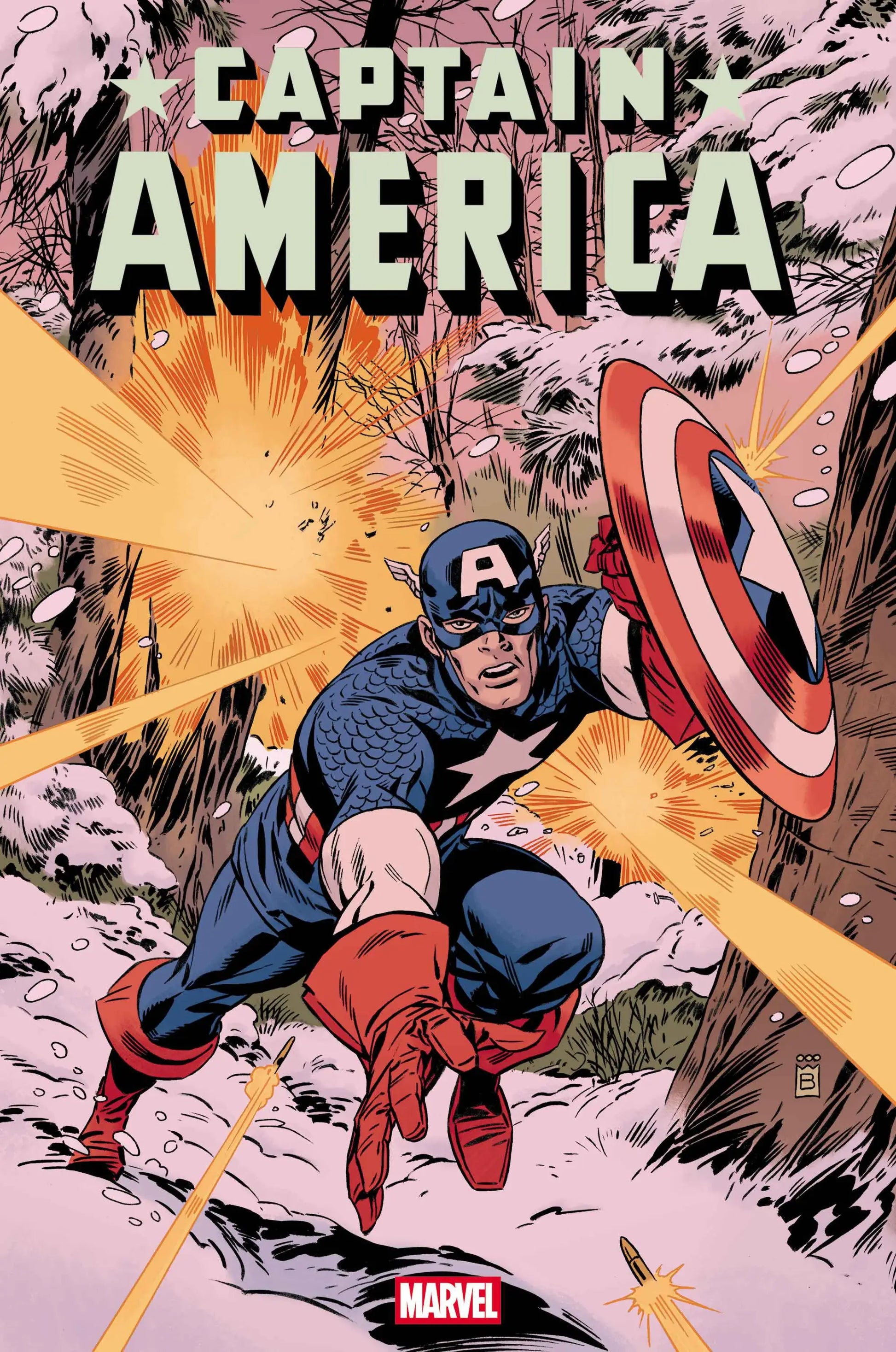 Captain America in a snowy forest under fire from the Mark Buckingham Variant by Mark Buckingham