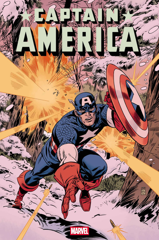 Captain America in a snowy forest under fire from the Mark Buckingham Variant by Mark Buckingham